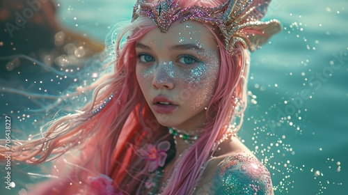An ethereal mermaid queen with pink and turquoise mermaid skin, sparkling scales and long mermaid hair, feminine curves