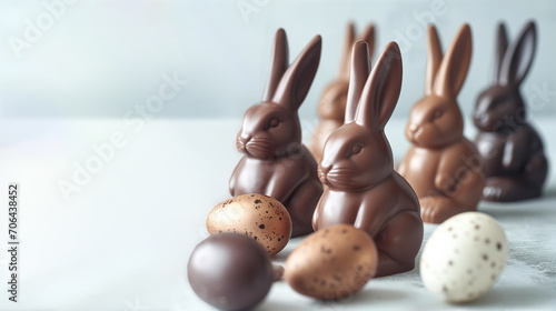 Chocolate Easter bunnies and eggs on white background