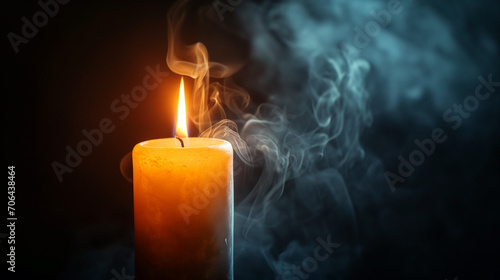 Experience the tranquility of a close up view capturing the soft glow of a candle and smoke against a black background. Ai generated