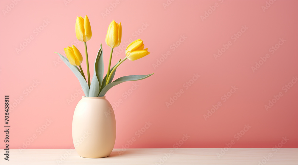 Yellow tulips in vase on wooden background, valentine background