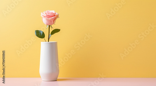Pink rose in a white vase on yellow background, valentine background with rose