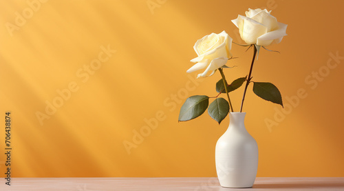 flower backdrop with White rose in a white vase on yellow background, valentine background with rose 