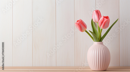 salmon pink  tulips in vase on wooden background