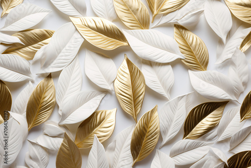 3D White and Gold Leaves Bundle Background, Luxury