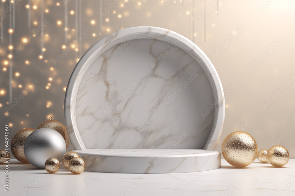 3D Render Christmas Podium Background with Balls, Branches