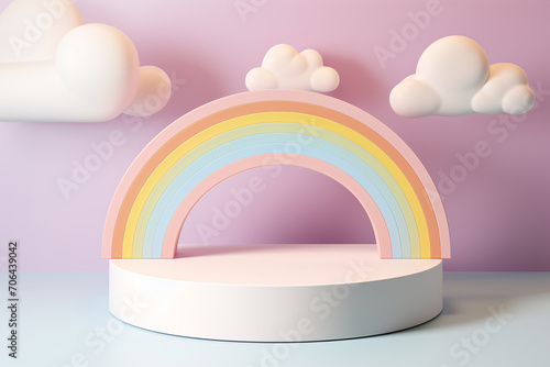 3D Podium Product Display on Pastel Background with Clouds and Cute Rainbow for Kids