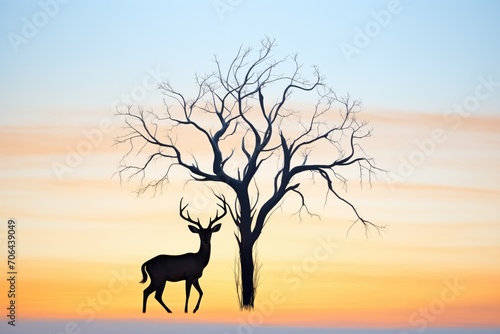 springbok silhouette with acacia tree at dusk