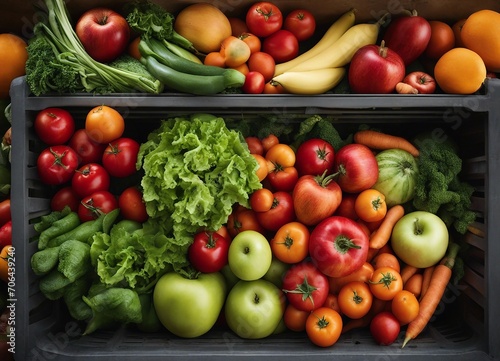 Fresh fruits and vegetables in a wooden box. Healthy eating concept.