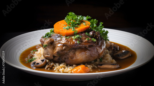 Osso Buco alla milanese, italian cuisine, grilled fresh crosscut making Osso Buco on meat, garnish with carrot and coriander in white plate, Closeup on aesthetic background 