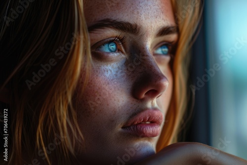 A detailed close-up shot of a woman's face showing her unique freckles. This image can be used to highlight natural beauty or for skincare-related content