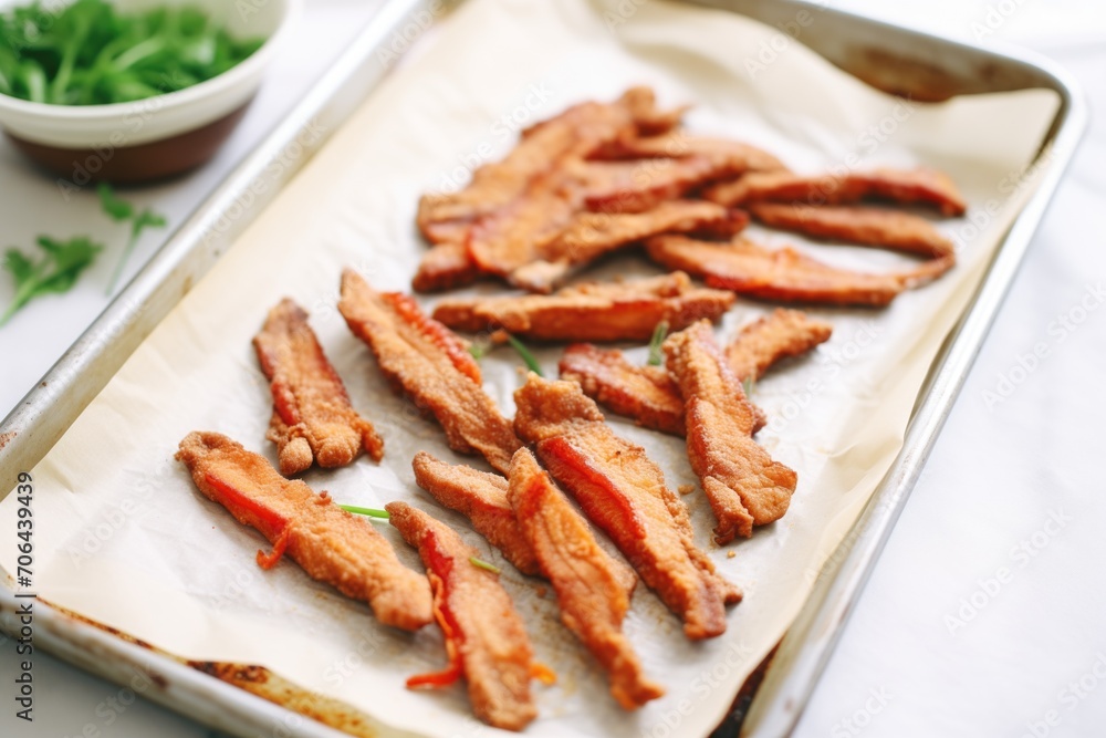 marinated tempeh strips before baking on parchment paper marinated tempeh strips before baking on parchment paper