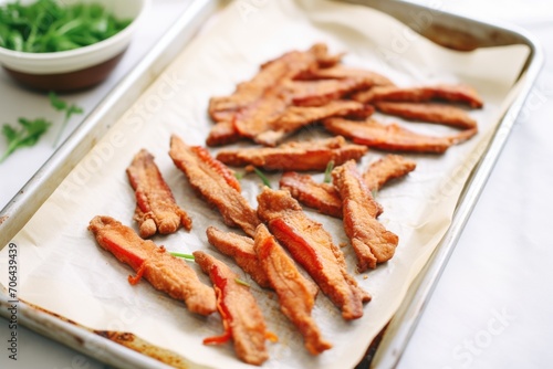 marinated tempeh strips before baking on parchment paper