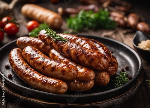 Grilled sausages with vegetables and spices on wooden table.