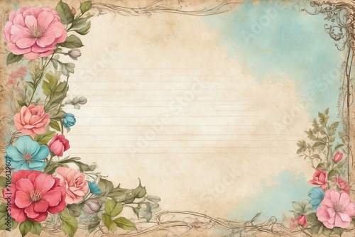 vintage background with flowers, large writing frame for text, note paper, rustic shabby chic style, framework for cards, greetings and invitations