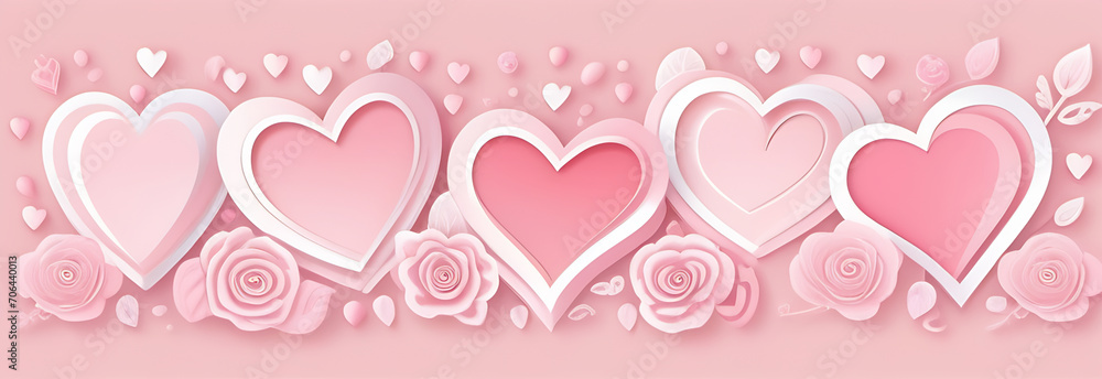 Banner of pale pink hearts of different sizes and roses in watercolor style, Valentine's day background