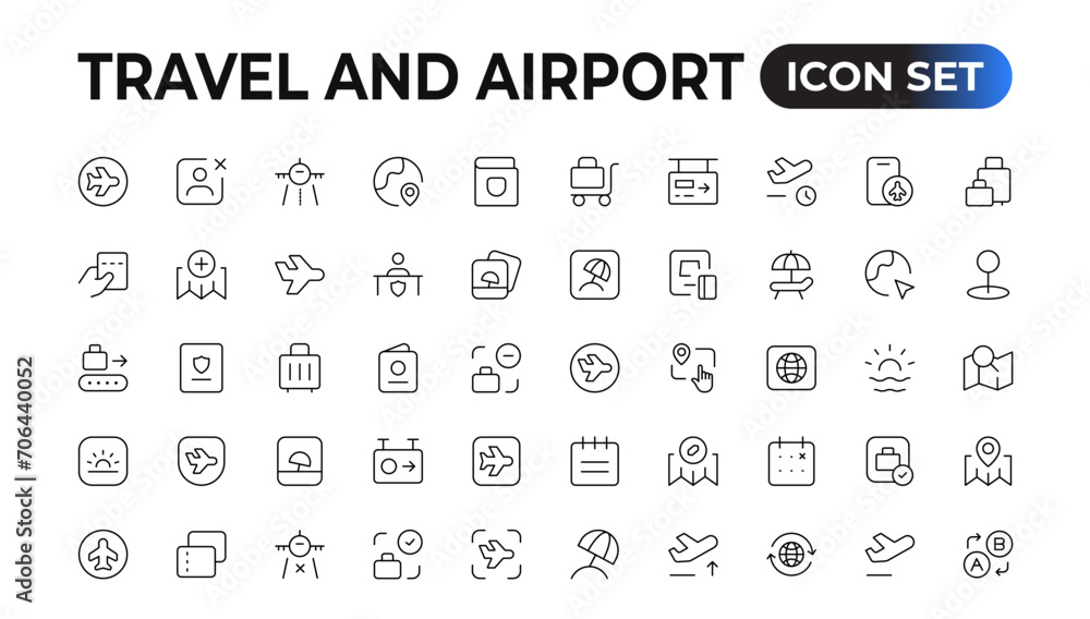 Travel icon set. Summer vacations and holiday symbol vector illustration. Collection of traveling and tourism elements.