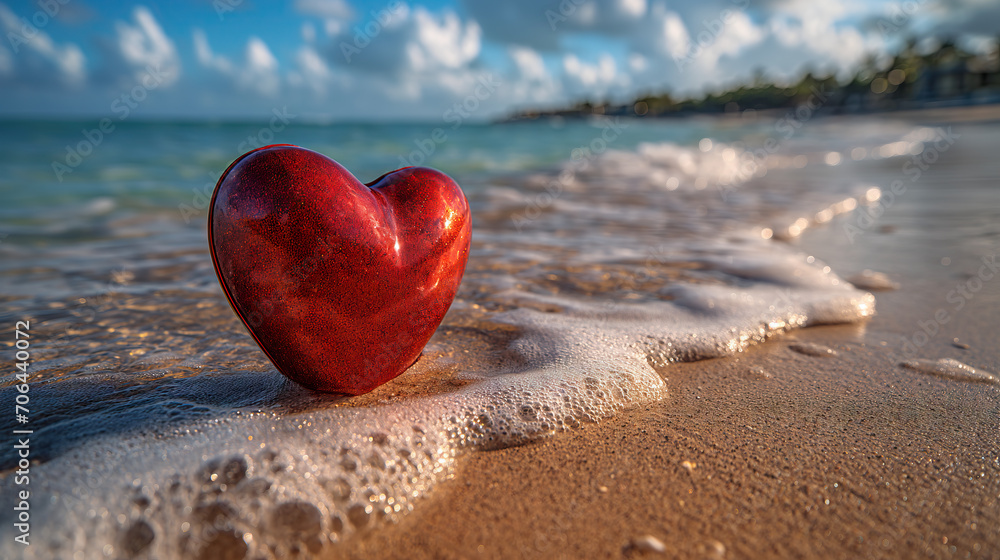 Fototapeta premium Vibrant Red Heart Shape on Sandy Beach