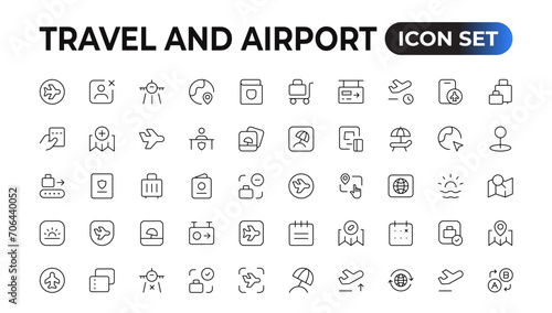 Travel icon set. Summer vacations and holiday symbol vector illustration. Collection of traveling and tourism elements.
