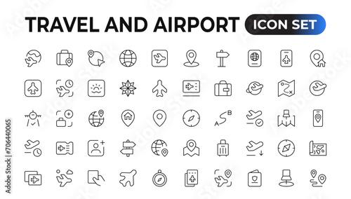 Travel icon set. Summer vacations and holiday symbol vector illustration. Collection of traveling and tourism elements.