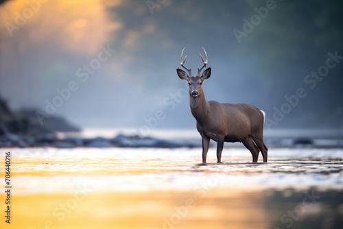 lone waterbuck silhouetted at sunrise by river © Natalia