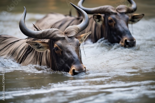 two wildebeests head-to-head, navigating rocky river passage