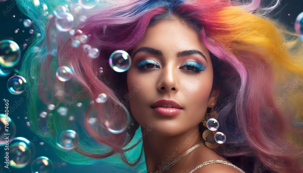 Close up of an model with colorful hair in the style of vogue, bubbles Close up of an model with colorful hair in the style of vogue, bubbles