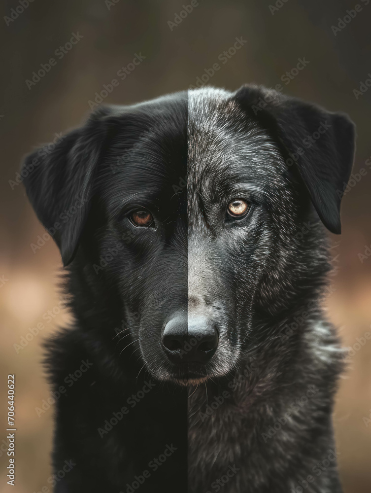Half Black Labrador Dog Face on Left and Half Elderly Black Wolf on the Right. Concept to Represent the Evolution of the Wolf and the Ancestors of the Dog Half Black Labrador Dog Face on Left and Half Elderly Black Wolf on the Right. Concept to Represent the Evolution of the Wolf and the Ancestors of the Dog