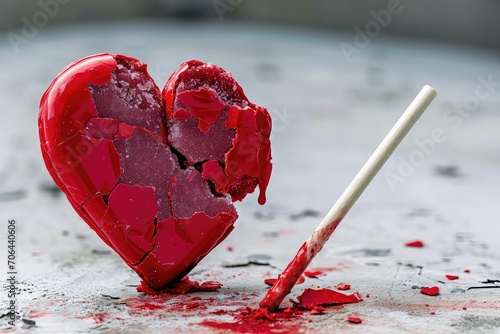 Broken red lollipop heart for Valentines  concept. The idea of unrequited love or divorce photo