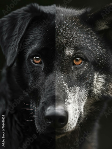 Half Black Labrador Dog Face on Left and Half Elderly Black Wolf on the Right. Concept to Represent the Evolution of the Wolf and the Ancestors of the Dog