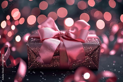 shiny gift box with pink ribbon and on isolated sparkling background photo