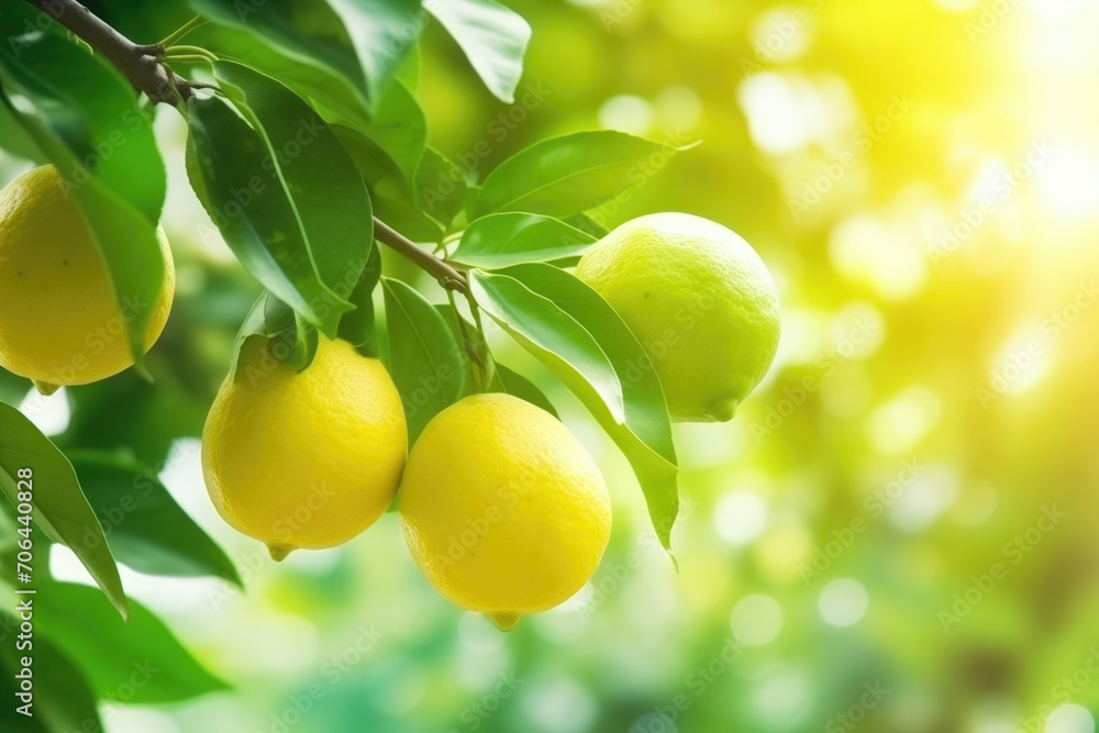 Closeup of a branch of citrus tree with green leaves and lemons growing on branch