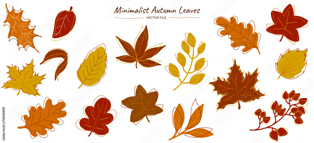 Feuilles d'automne dans un style minimaliste. Fichier vectoriel de feuilles d'automne. Feuilles et plante d'automne minimaliste dans un style minimal année 60-70 - obrazy, fototapety, plakaty 