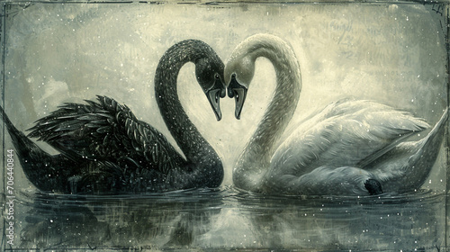 A pair of black and white swans gracefully form a heart as they glide on the serene lake, their elegant necks and bodies creating a beautiful symbol of love.