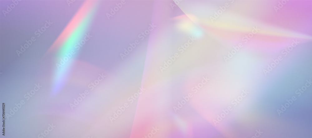 Blurred rainbow refraction overlay effect. Light lens prism effect on bright background. Holographic reflection, crystal flare leak shadow overlay. Vector abstract illustration. - obrazy, fototapety, plakaty 