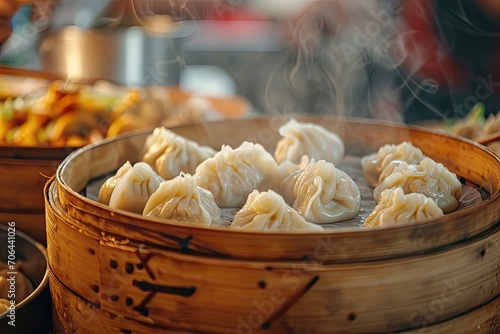 freshly steamed dumplings serve on bamboo plate 