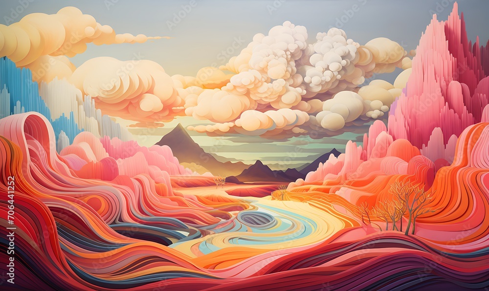 Fototapeta premium A colorful cloud with wavy lines on it, in the style of surreal 3d landscapes, textural explorations. Generative Ai