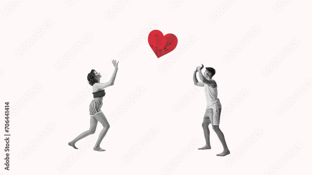 Young man and woman laying with heart like ball. Relationship. Stop motion, animation. Valentine's Day, holiday, love, February 14th concept. Template for ads, postcard, invitation, poster