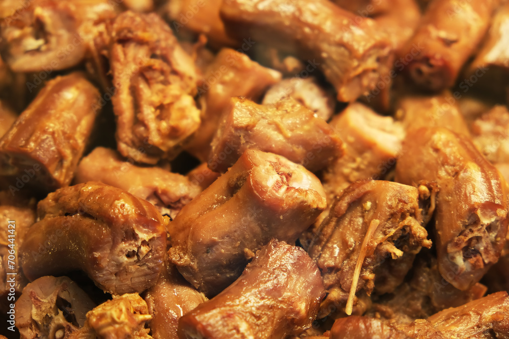 many Chinese braised duck neck background. Chinese food