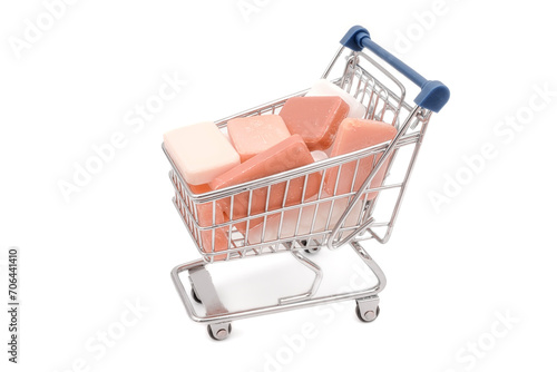 Shopping chart or supermarket trolley with old hotel soaps