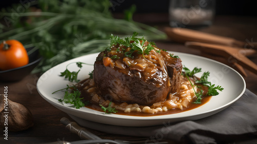 Osso Buco alla milanese, italian cuisine, grilled fresh crosscut making Osso Buco on meat, garnish with carrot and coriander in white plate, Closeup on aesthetic background 