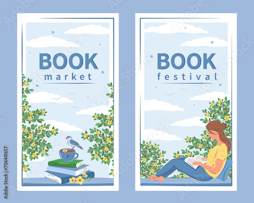 Book festival. Book market. Woman reading book and sitting at the spring window. Designs for bookstore, library, bookshop or education. Vector illustration
