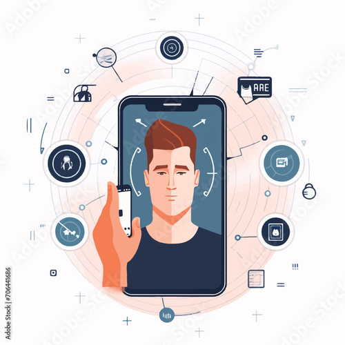 Facial recognition smart phone concept. Man character