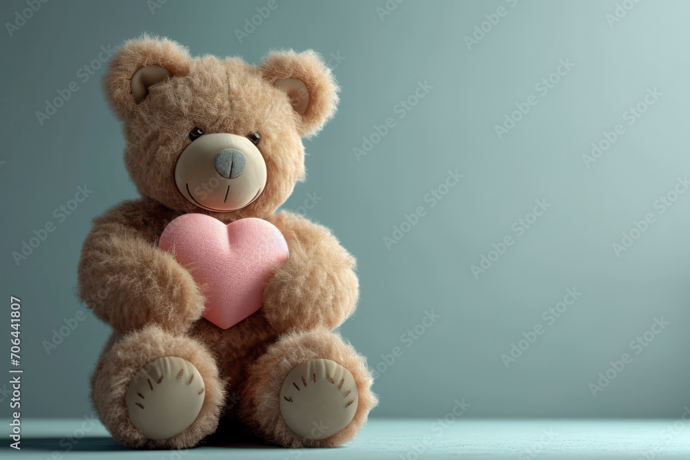 Fototapeta premium Happy valentine teddy bear holding pink hearts, anniversary, romantic gift