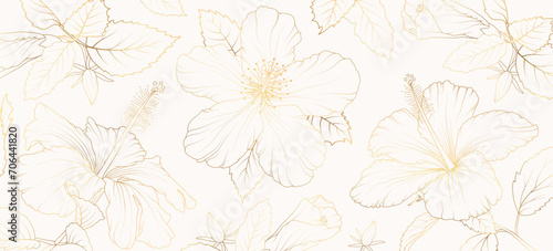 Floral gold line art background. Hibiskus flower golden background for wedding, backdrop, wallpaper, banner, card, cover, texture. Vector illustration.
