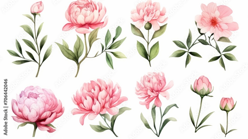Set of watercolor illustrations with peonies and leaves. Botanical illustration on white background for wedding, congratulations, wallpapers, fashion, backdrops, wrappers, print