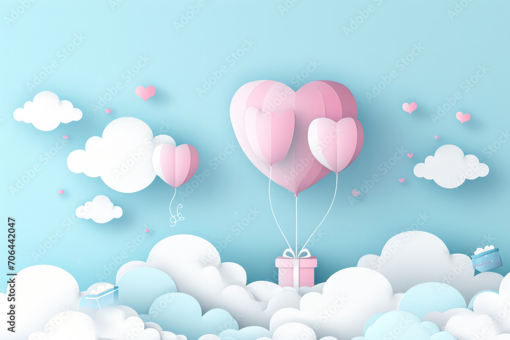 love and valentine day with heart baloon, gift and clouds. Paper cut style.