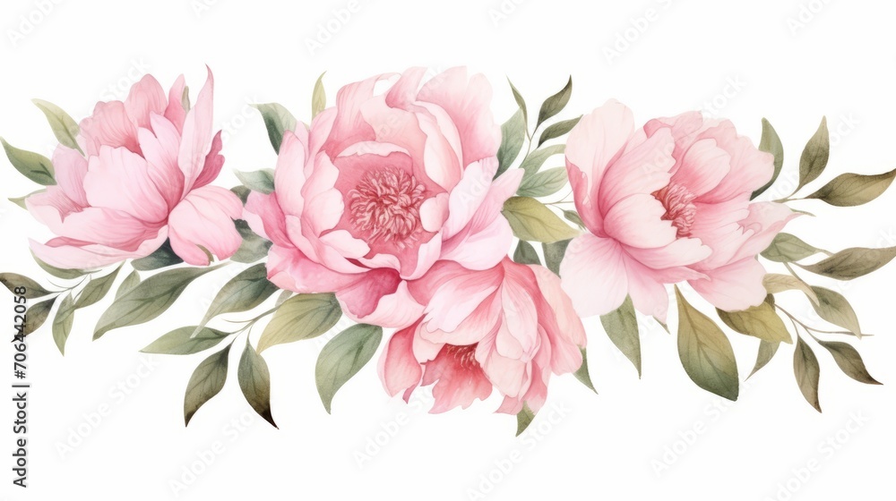 Set of watercolor illustrations with peonies and leaves. Botanical illustration on white background for wedding, congratulations, wallpapers, fashion, backdrops, wrappers, print