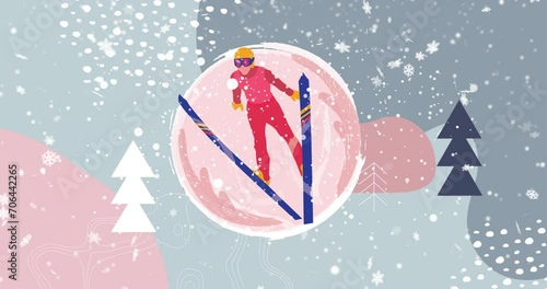 Animation of snow falling over ski jumper and christmas winter scenery photo