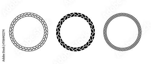 Ropes frame set. Round cord border collection. Circle rope wreath loop pack. Chain, braid, plait borders bundle. Circular design elements for decoration, banner, poster. Vector decorative frames photo