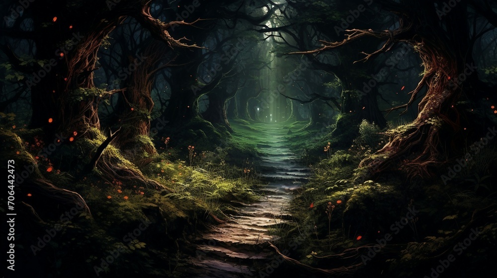 a painting of a path through a dark forest